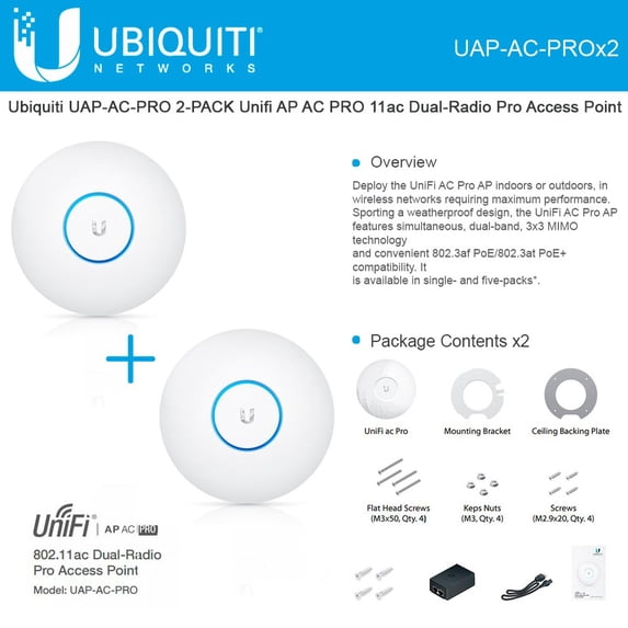 Ubiquiti UAP-AC-PRO 2-PACK UniFi AP AC Pro 802.11ac 3x3 MIMO Dual-Radio Access Point