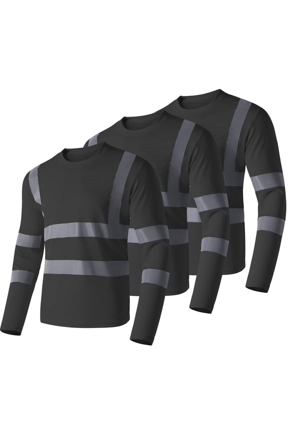 Men's 3-Pack Reflective T-Shirt Long Sleeve Safety Shirt Safety and Outdoor Workwear Black L