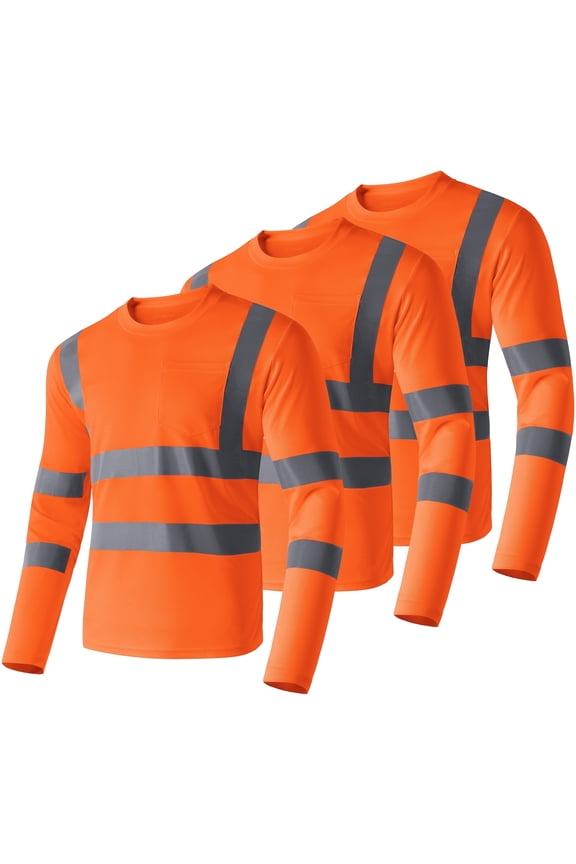 Men's 3-Pack Hi Vis Shirt Reflective Work Shirt Long Sleeve Construction Shirt Orange XL