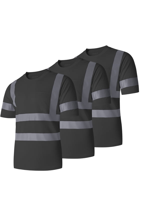 Men's 3-Pack Reflective Safety Shirt Short Sleeve Work Construction Shirt Pure Black XL
