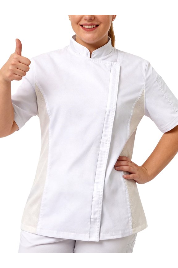 Women's Chef Coat Side Mesh Vent Zipper Chef Coat Short Sleeve Chef Jacket White M
