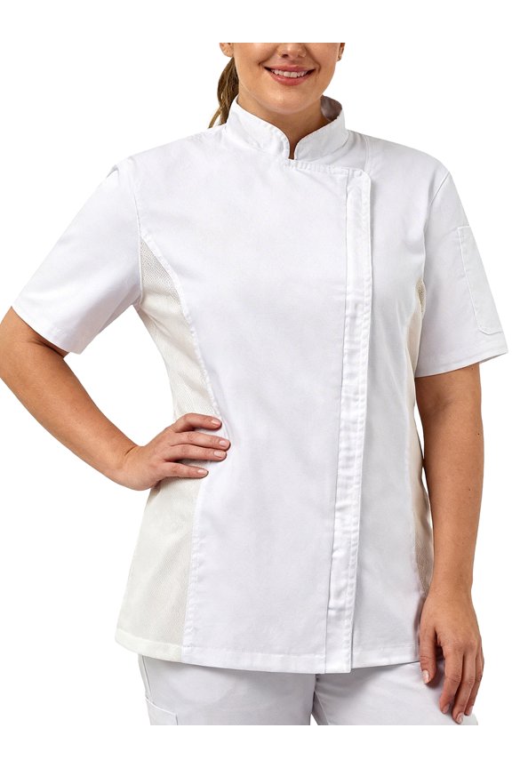 Women's Plus Size Chef Jacket Short Sleeve Chef Coat Side Mesh Vent Zipper Chef Jacket White 2XL