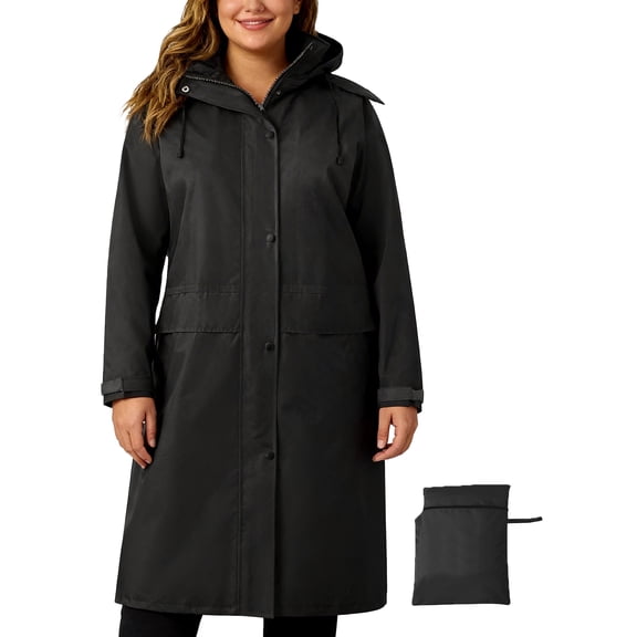 Ubon Women's Rain Coat Waterproof Rain Jacket Knee-Length Raincoat Packable Windbreaker with Bag Black L