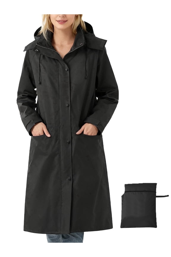 Women's Rain Coat Waterproof Rain Jacket Knee-Length Raincoat Packable Windbreaker with Bag Black L