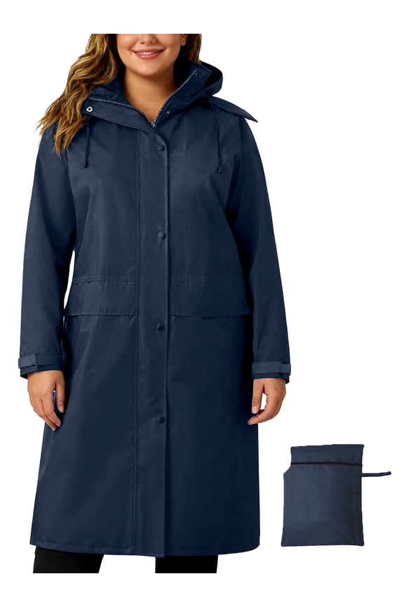Women's Rain Jacket Waterproof Raincoat Long Packable Windproof Windbreaker with Hood Navy XL