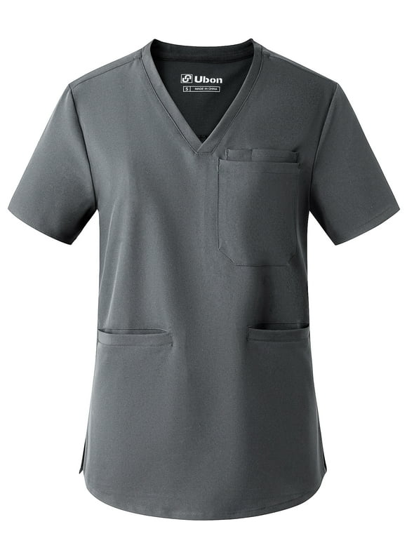 Ubon Women's Scrubs Top V-Neck Scrub Shirts Short Sleeve Medical Essentials Workwear Uniforms Gray M