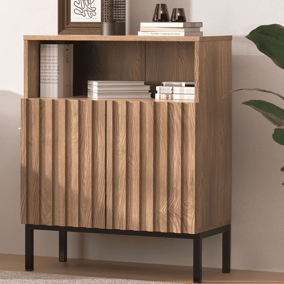 Uboti Sideboard Buffet Cabinet with Fluted Panel Doors and 2 Drawers, Adjustable Shelves for Kitchen, Living Room, Hallway, Entryway (Single)