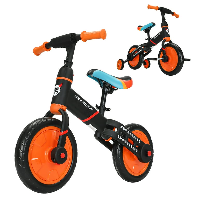 Ubravoo 4 in 1 Tiny Scout Balance Bike for Kids from 3 4 5 Years Rear Double Rod Orange
