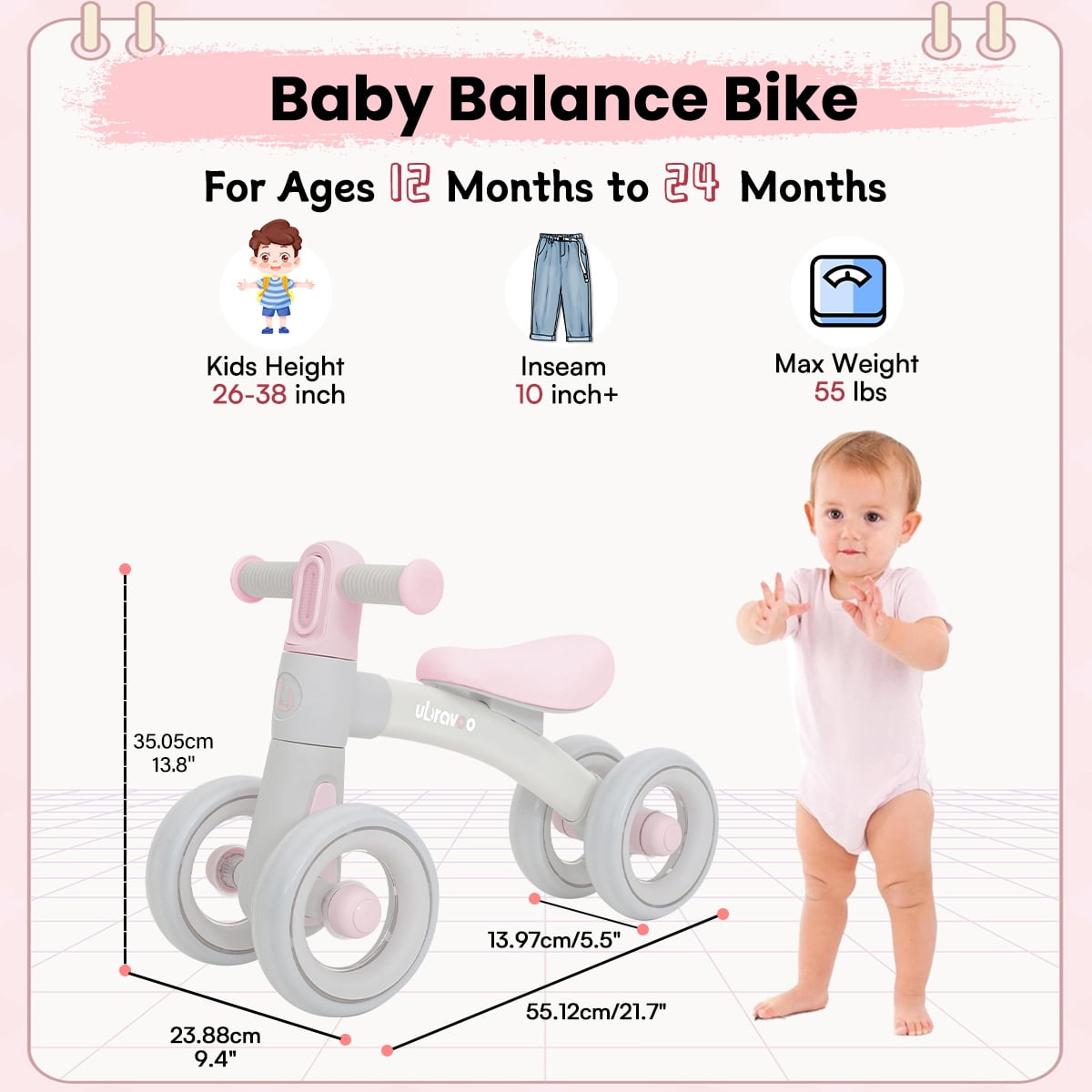 Ubravoo Baby Slide Balance Bike for 12-24 Months3-Mode Headlight & 4 ...