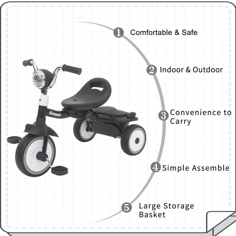 Ubravoo Baby Tricycle Foldable Toddler Trike with Pedals PU Wheels Cool Lights 1 5 Years Old Girls Boys Black