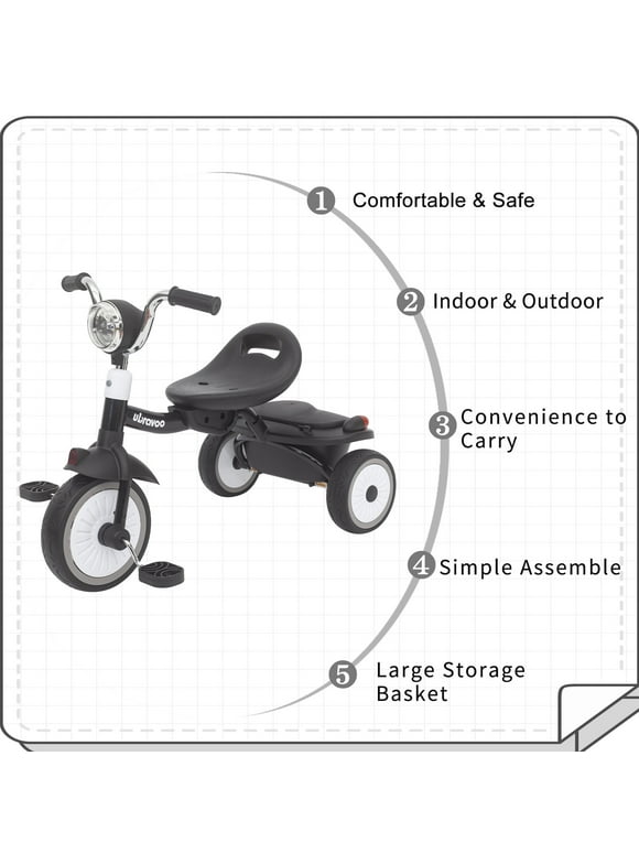 Ubravoo Baby Tricycle,Foldable Toddler Trike with Pedals PU Wheels Cool Lights,1-5 Years Old Girls Boys,Black