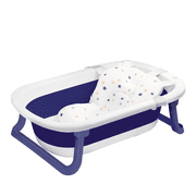 Ubravoo Newborn Baby Bath Tub with Drain Hole, Foldable Toddler Bathtub with Soft Cushion Pad, Portable Travel Bathtub Built in Anti-Slip Support for Newborn 0-36 Month,Blue