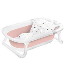 Ubravoo Newborn Baby Bath Tub with Drain Hole, Foldable Toddler Bathtub with Soft Cushion Pad, Portable Travel Bathtub Built in Anti-Slip Support for Newborn 0-36 Month Pink