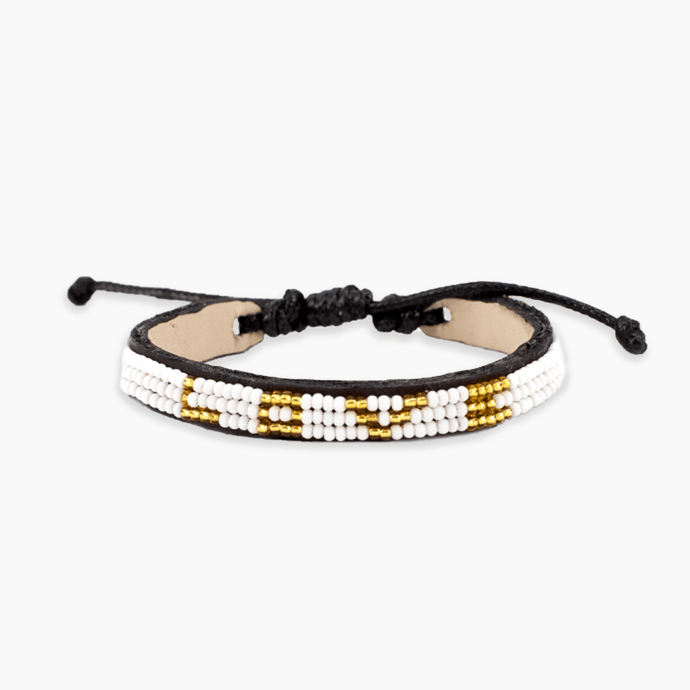 UBUNTU LIFE White Skinny Love Bracelet for Unisex with Leather Bead Glass Bead Bracelet