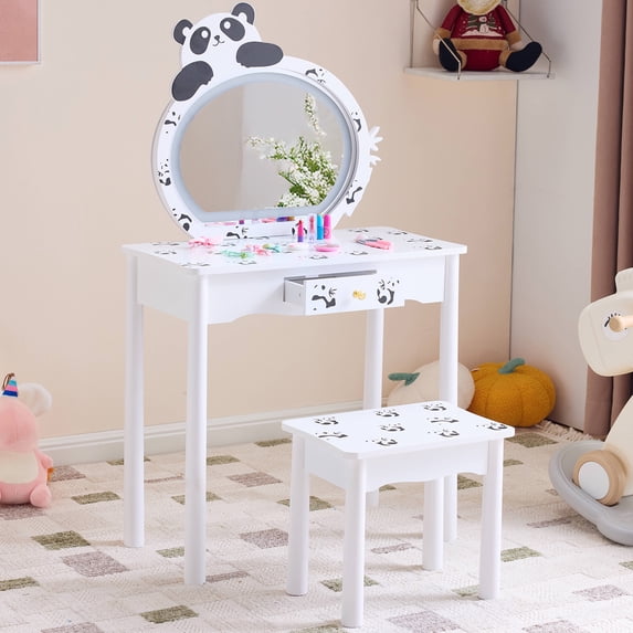 Ucades Kids Vanity Set with Lights, Panda Kids Make Up Vanity Desk with Mirror for Little Girls, 2 in 1 Princess Girls Makeup Vanity Toddler Vanity Table and Chairs Set with Drawer, Black/White