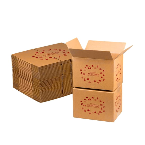 Ucanpack 12x12x10 Inch Kraft Christmas Mailer Boxes, Minimal Christmas Wreath Print, B Flute Corrugated Cardboard Shipping Boxes for Holiday Gifts & Small Business, Pack of 50