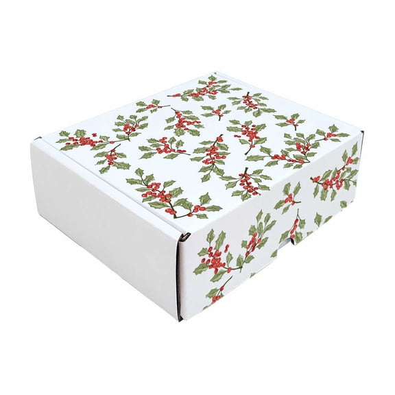 Ucanpack 7½x65/8x6½ Winter Holly Berry Pattern Mailer Boxes, White Corrugated Cardboard Shipping Boxes, B Flute, Pack of 25, Holiday Gift Packaging & E-Commerce Mailers