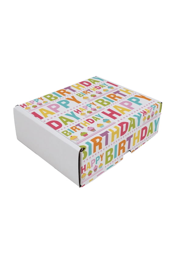 Happy Birthday Printed Mailer Box 9x4x3", Made In USA - Cardboard Gift Boxes 50 Pcs, Cute Boxes For Small Business, Literature Mailers, White Tuck Top Mailer Box