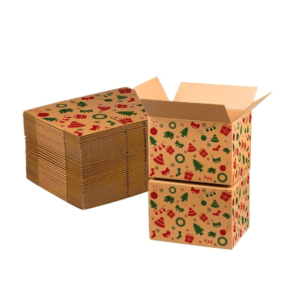 Ucanpack Christmas Kraft Gift Boxes 12x10x5 Inch, Decorative Gift & Tree Print Corrugated Mailer Boxes, B Flute Packaging, Pack of 75 Pieces
