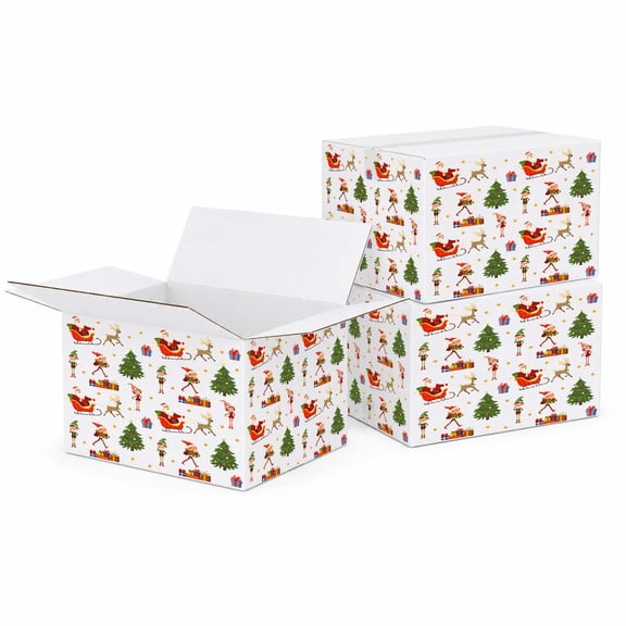Ucanpack Christmas Santa & Elves Print Corrugated Shipping Box,12x12x3 Inches, White Holiday Gift Mailer Boxes for Christmas Packaging, E-Commerce Shipping & Retail -50 Pcs