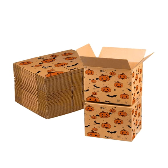 Ucanpack Halloween Pumpkin Print Kraft Mailer Boxes 12x12x5 Inch, B Flute Corrugated Cardboard Shipping Boxes for Small Business, Retail Packaging & Gifts, Pack of 50