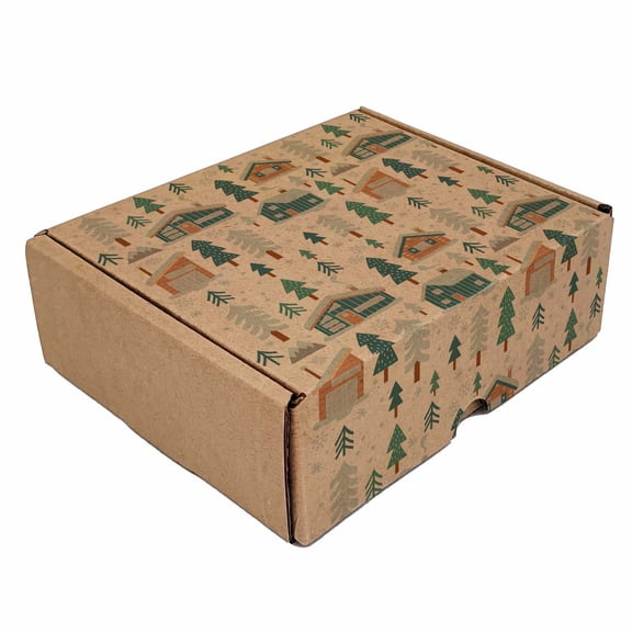 Ucanpack Snowy Cabin Christmas Pattern Kraft Mailer Boxes, 5x5x2 Inch Corrugated Cardboard Boxes, B Flute Construction, Pack of 50 for Small Gifts & Shipping