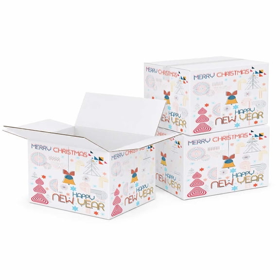 Ucanpack White Retro Merry Christmas & Happy New Year Printed Corrugated Shipping Box,10x8x8", Holiday Gift Mailer Boxes for Christmas & New Year Packaging, E-Commerce Shipping & Retail - 75 Pcs
