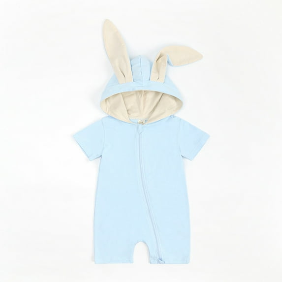 Uccdo 0-18M Newborn Baby Boys Girls Bunny Ear Easter Romper Jumpsuit Infants Summer Short Sleeve Hooded Bodysuit Pajamas With Zipper