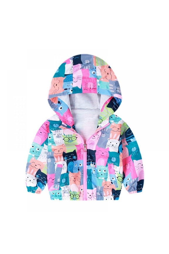 1-6T Toddler Boys Girls Hooded Windbreaker Jackets Kids Cartoon Printed Zipper Coats Outerwear