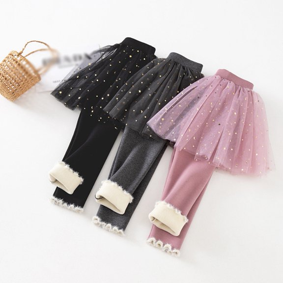 Uccdo 1-9T Girls Winter Warm Thicken Fleece Leggings Tulle Tutu Skirts Pantskirt Skinny Pants, Pack of 3
