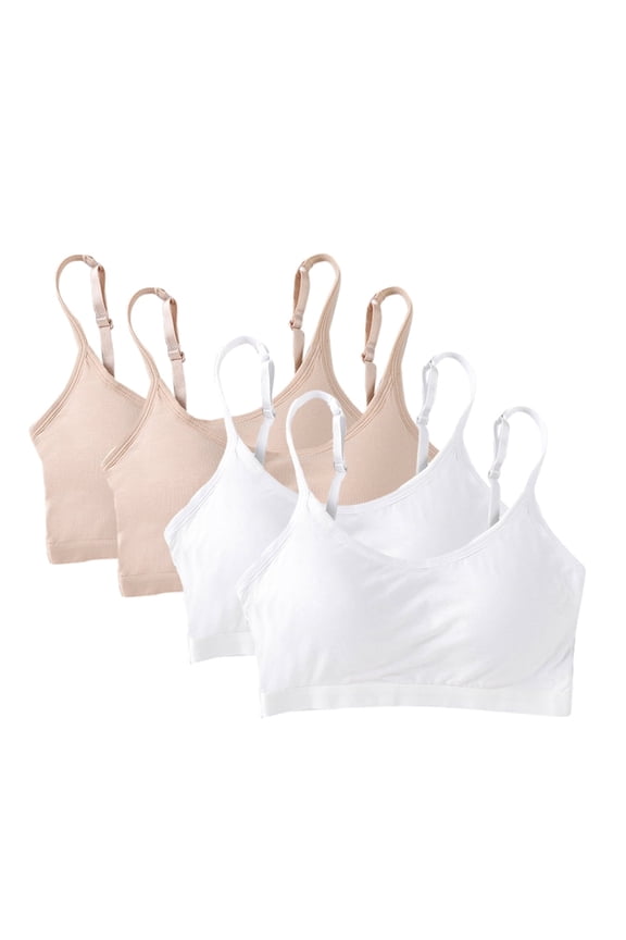 10-18T Girls Adjustable Solid Training Bra Sets Wireless Crop Cami Sports Padded Bra Set, 4-Pack