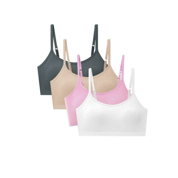 Uccdo 10-18T Girls Adjustable Solid Training Bra Sets Wireless Crop Cami Sports Padded Bra Set, 4-Pack