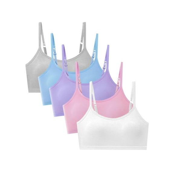 Uccdo 10-18T Girls Adjustable Solid Training Bra Sets Wireless Crop Cami Sports Padded Bra Set, 5-Pack