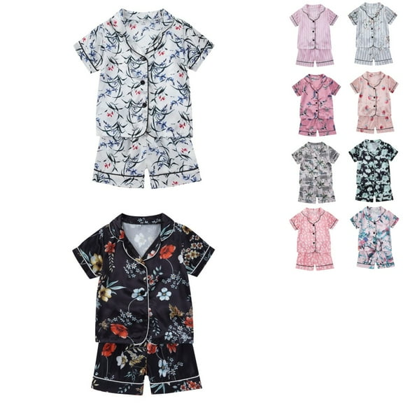 Uccdo 12M-6T Toddler Girls Boys Summer Satin Silk Pajamas Set Kids Short Sleeve Button Down Sleepwear
