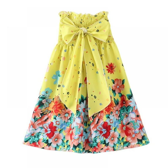 Uccdo 2-12T Summer Girls Strapless Boho Dress, Toddler Girls Casual Floral Beach Sundress, Flower Girls Off Shoulder Wedding Party Gown Prom Dresses, 2-12 Years