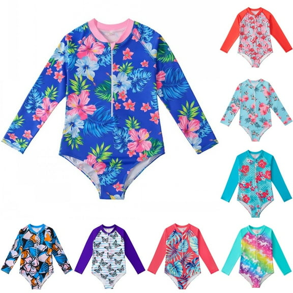 Uccdo 2-12Y Girls Rashguard One-Piece Swimsuits Long Sleeve Zipper Bathing Suit Surfing Swimwear