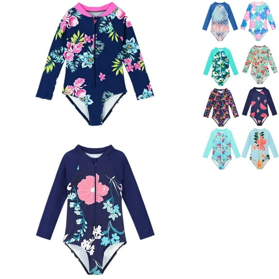 Uccdo 2-8Y Toddler Girls Long Sleeve Rashguard One-Piece Swimsuit, Little Girls Floral Prints Zipper Bathing Suit Swimwear, Size 2-8T