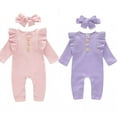 thumbnail image 1 of Uccdo 2 Packs Newborn Baby Girls Ruffled Romper + Headband Outfits Cotton Clothes Set, Size 0-18 Months, 1 of 8