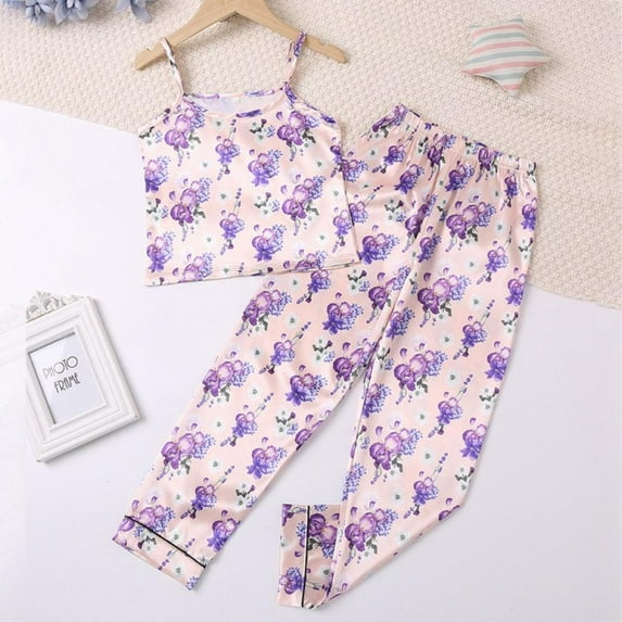 Uccdo 2Pcs Little Girls Satin Silk Pajama Set, Big Girls Summer Clothes Crop Tops+Pants Sleepwear, 7-12T