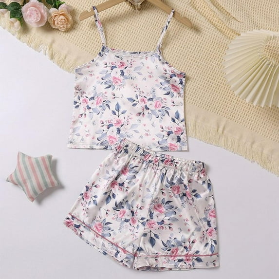 Uccdo 2Pcs Little Girls Satin Silk Pajama Set, Big Girls Summer Clothes Crop Tops+Shorts Sleepwear, 7-12T