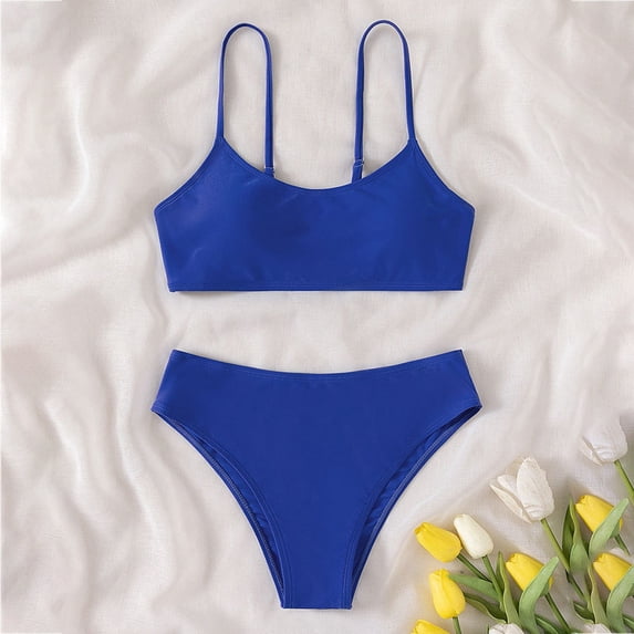 Uccdo 2Pcs Little Girls Summer Bathing Suit Swimsuit With Adjustable Strap, Teens Girl Solid Color Bikinis Swimwear Set 8-14Y