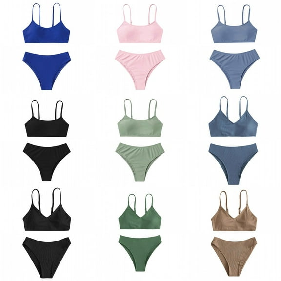 Uccdo 2Pcs Little Girls Summer Bathing Suit Swimsuit With Adjustable Strap, Teens Girl Solid Color Bikinis Swimwear Set 8-14Y