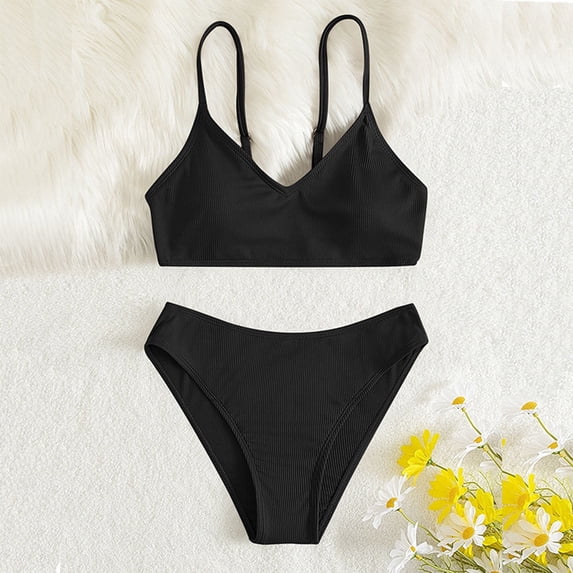 Uccdo 2Pcs Little Girls Summer Bathing Suit Swimsuit With Adjustable Strap, Teens Girl Solid Color Bikinis Swimwear Set 8-14Y