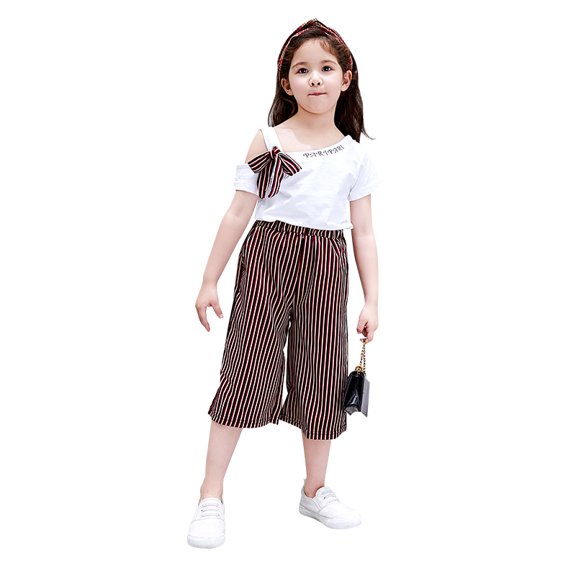 Uccdo 2Pcs Summer Children Girls Casual Short Sleeve T-shirt Top+Striped Shorts Pants Set 2-9T