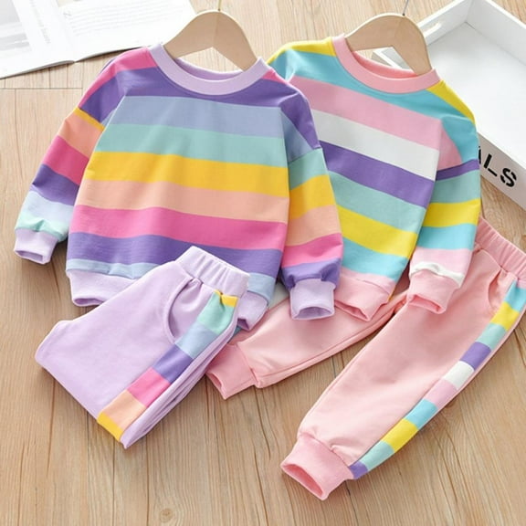Uccdo 2Pcs Toddler Girls Casual Clothes Sets Little Girls Rainbow Striped Hoodie Sweatshirts + Long Pants 2-8Y