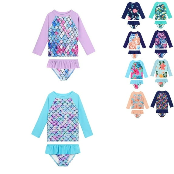 Uccdo 3-9Y Girls Two-Pieces Rash Guards Swimsuit Long Sleeve Floral Swim Shirts+Ruffled Bottoms Bathing Suit