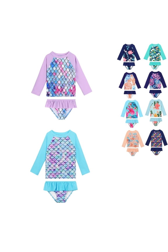 3-9Y Girls Two-Pieces Rash Guards Swimsuit Long Sleeve Floral Swim Shirts+Ruffled Bottoms Bathing Suit