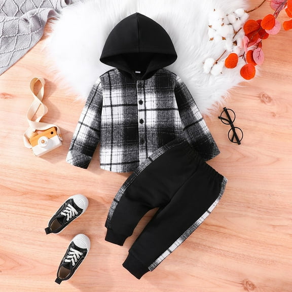 Uccdo 3M-2T Baby Boys Plaid Outfits Long Sleeve Button Down Hooded Shirt Tops   Pants 2Pcs Toddler Autumn Clothes Set