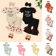 Uccdo 3Pcs Newborn Baby Girls Clothes Cute Print Romper+Flare Lone Pants Legging+Headband Set 0-18 Months