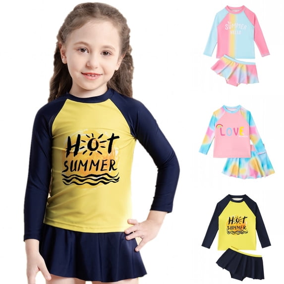 Uccdo 4-9T Girls Rash Guards Swimsuits, Little Girls Two-Piece Long Sleeve UPF50+ Bathing Suit, Size 4-9 Years